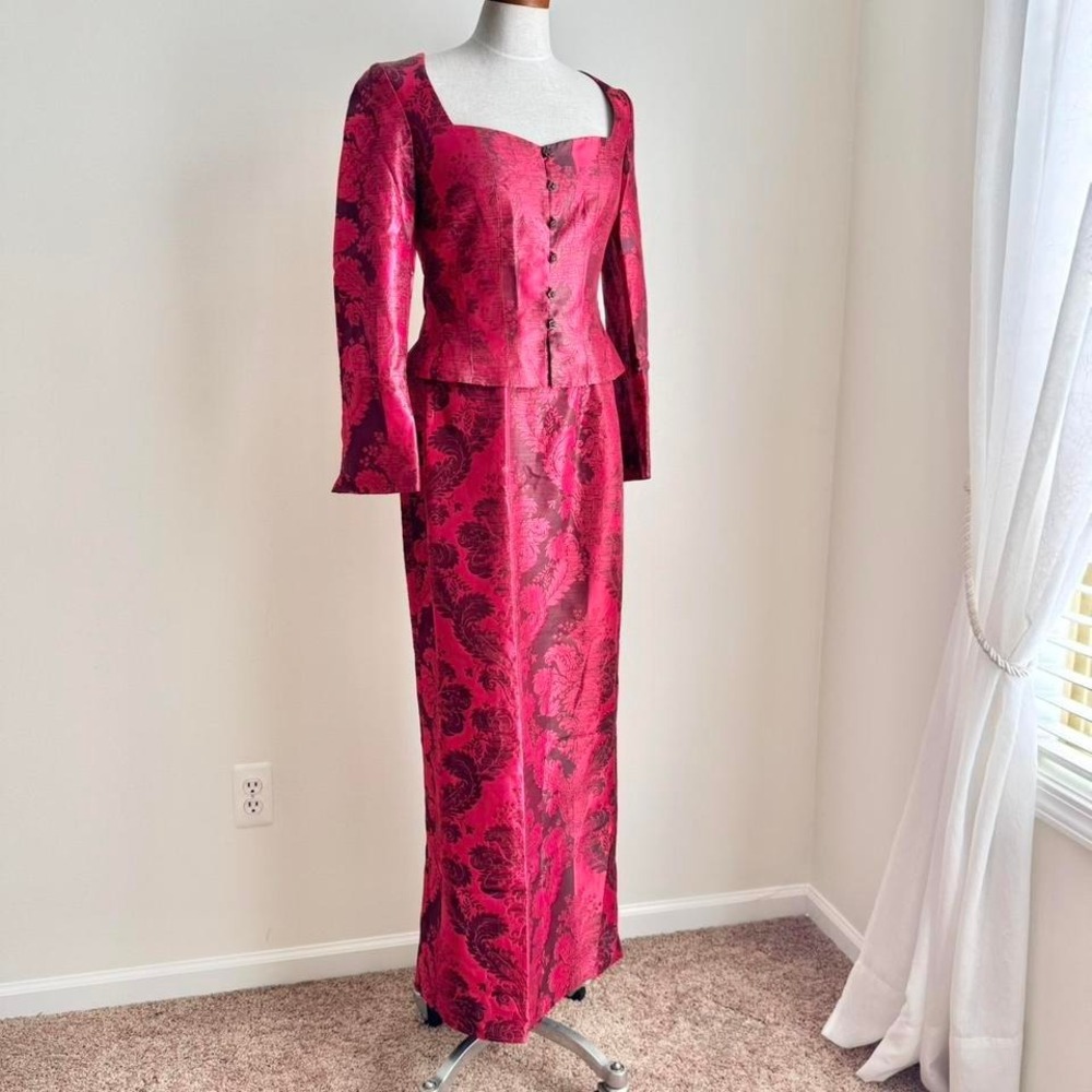 Vintage 100% Silk Red Brocade Skirt Set Size 6 Kay Unger Floral Maxi Bodice